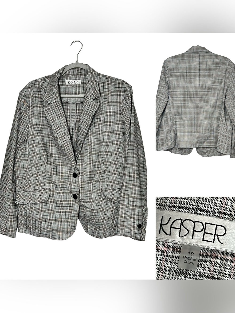 Kasper blazer suit jacket women’s plus size 18 gray/pink plaid long sleeve